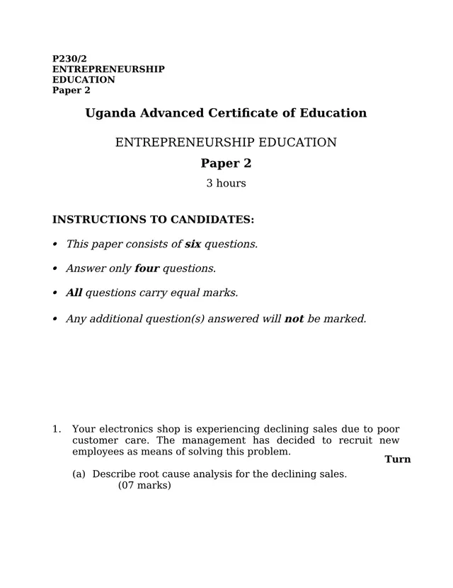 Cover of UACE Entrepreneurship Education Paper 2 (P230/2) (S6 Entrepreneurship Past Paper)