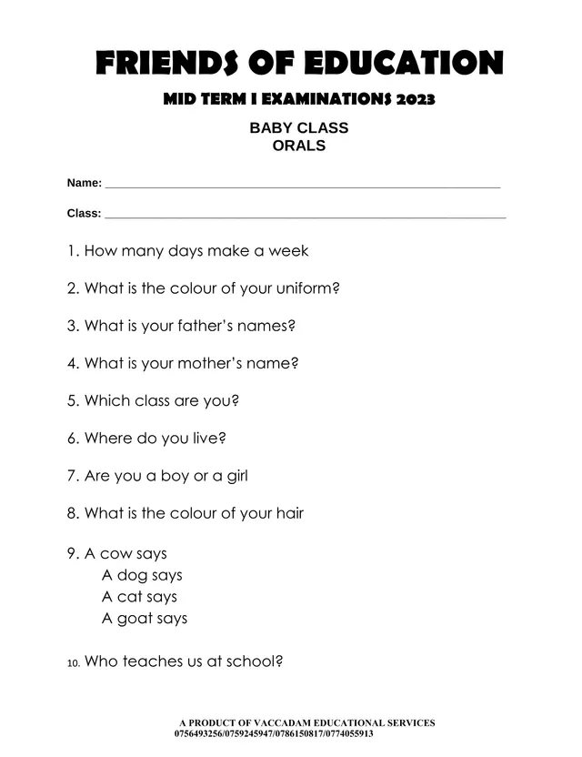 Cover of Baby Class Oral Examination – Mid Term I 2023 (Baby Literacy Past Paper)