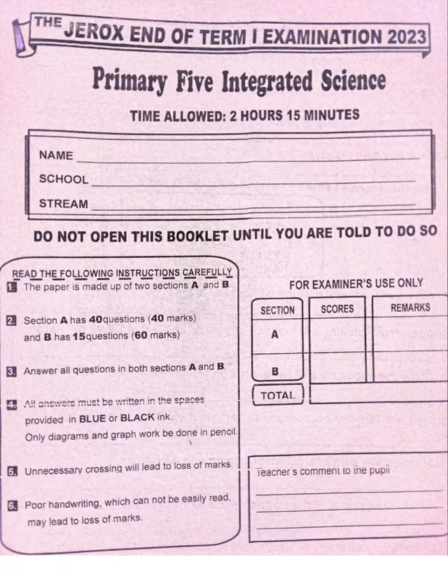 Cover of Jerox End of Term 1 Primary Five Integrated Science Exam 2023 (P5 Science Past Paper)