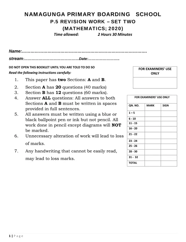 Cover of P5 Mathematics Revision Work – Set Two (2020) (P5 Mathematics Past Paper)