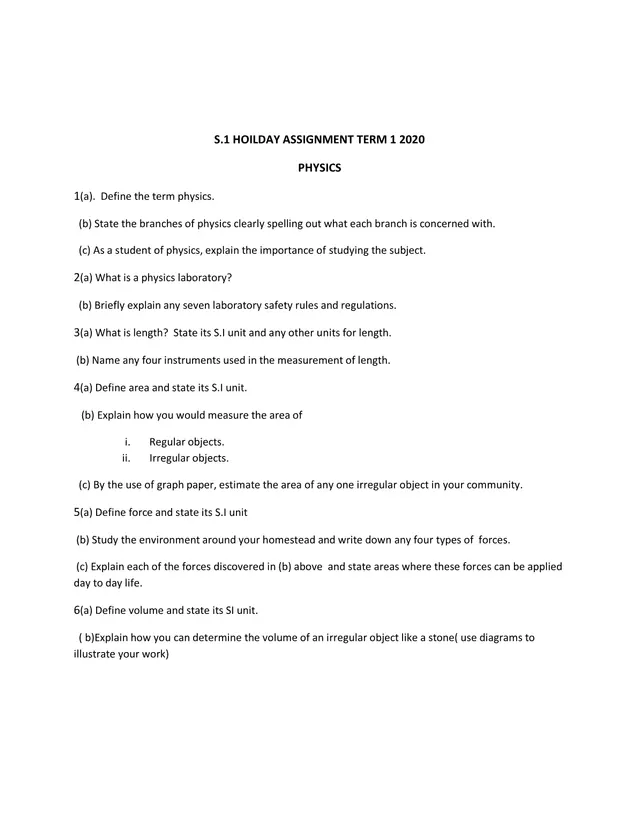 Cover of S1 Physics Holiday Assignment, Term 1 2020 (S1 Physics Past Paper)