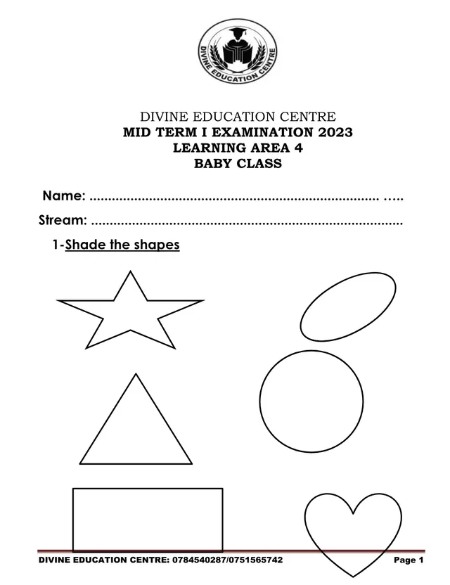 Cover of Baby Class Learning Area 4 Mid Term 1 Exam 2023 – Shapes (Baby Mathematics Past Paper)
