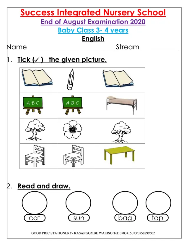 Cover of Baby Class English End of August Exam 2020 – Success Integrated Nursery School (Baby English Past Paper)