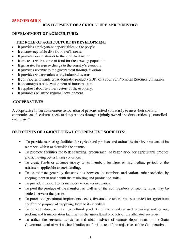 Cover of Development of Agriculture and Industry – S5 Economics Notes (S5 Agriculture Notes)