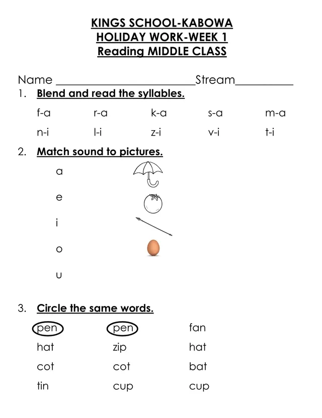 Cover of Middle Class Reading Holiday Work Week 1 – Kings School Kabowa (Middle Literacy Past Paper)