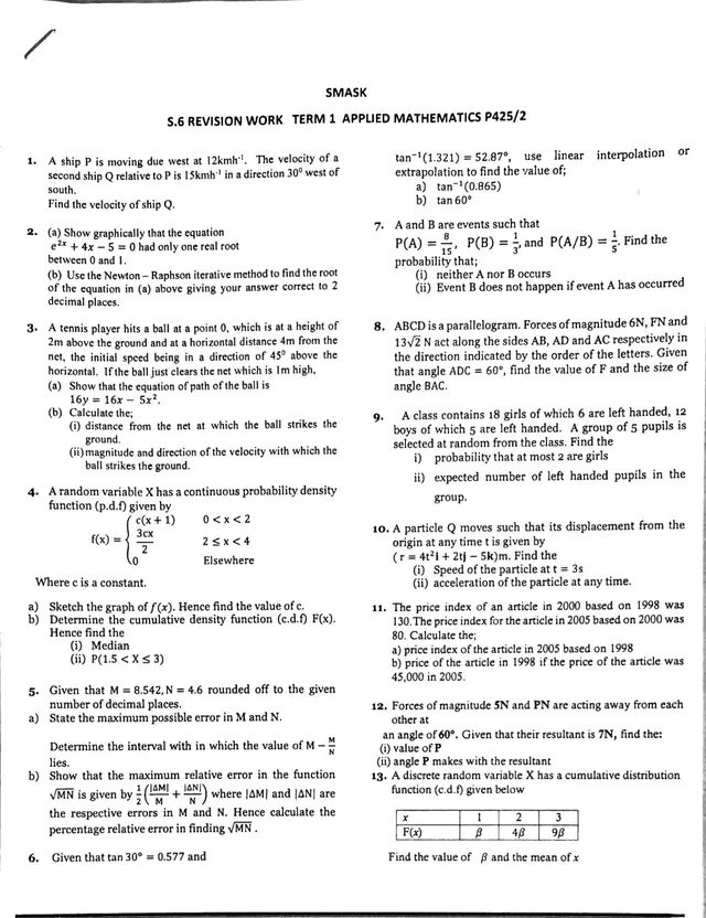 Cover of S.6 Applied Mathematics P425/2 Revision Work Term 1 (SMASK, 2020) (S6 Mathematics Revision Material)