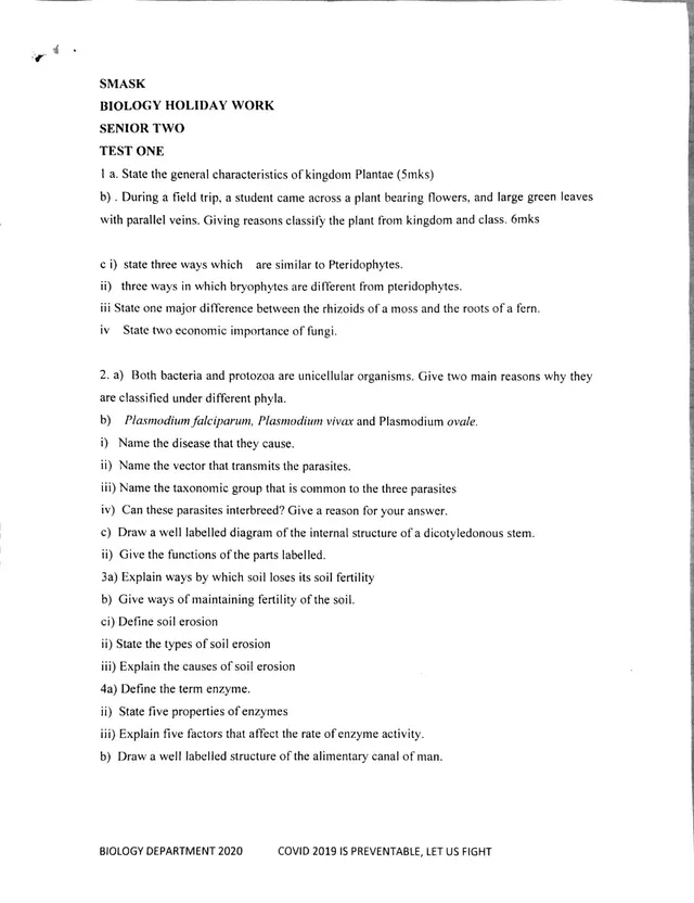 Cover of Senior Two Biology Holiday Work Test One (2020) (S2 Biology Revision Test)
