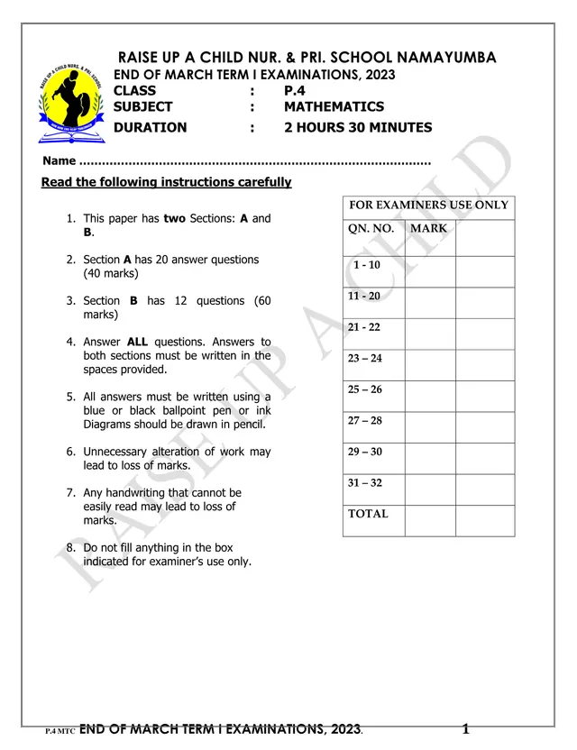 Cover of P.4 Mathematics End of Term I Examination 2023 (P4 Mathematics Past Paper)