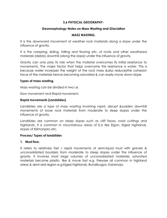 Cover of Senior 6 Physical Geography: Mass Wasting and Glaciation Notes (S5 Geography Notes)