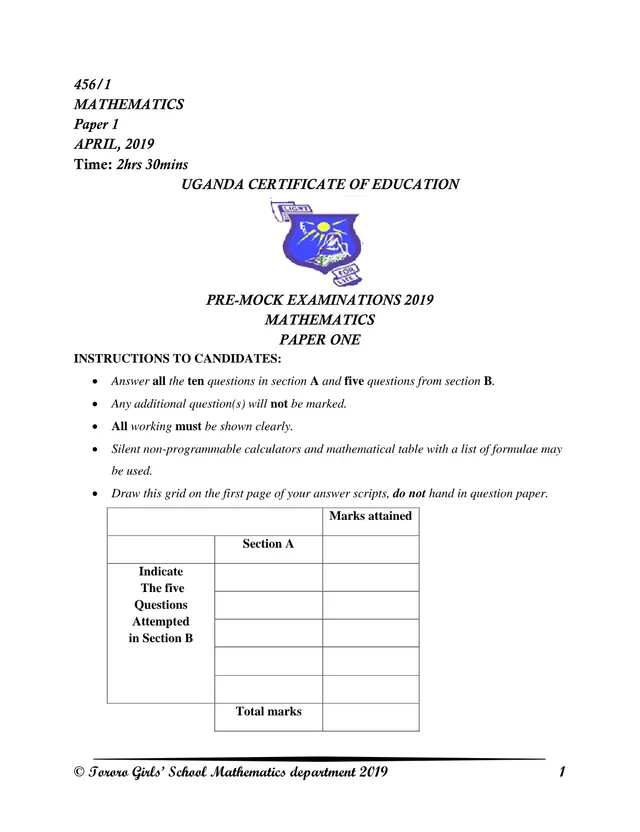 Cover of UCE Pre-Mock Examinations 2019 Mathematics Paper 1 (456/1), O Level (P1 Mathematics Mock Paper)