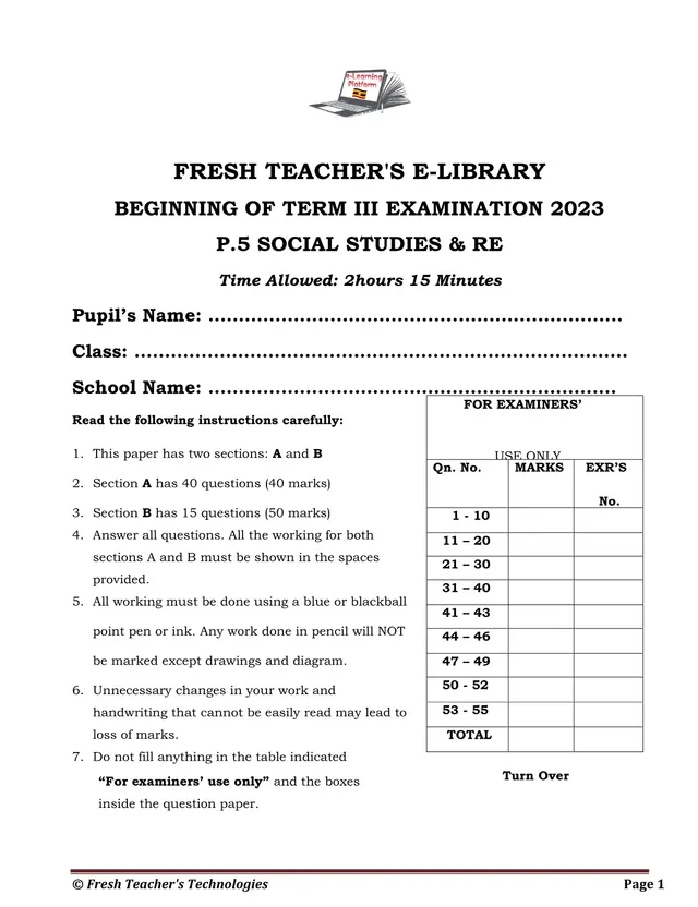 Cover of P.5 Social Studies & RE Beginning of Term III Examination 2023 (P5 Social Studies Past Paper)