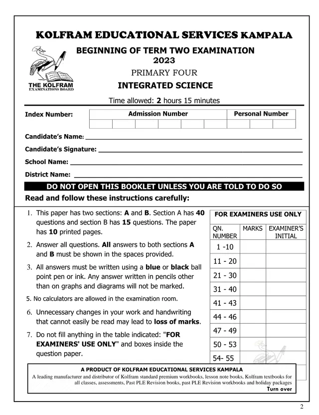 Cover of P4 Integrated Science Beginning of Term Two Examination 2023 with Marking Guide (P4 Science Past Paper)