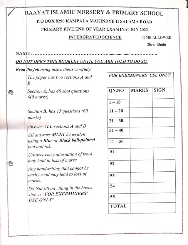 Cover of Primary Five Integrated Science End of Year Exam 2022 – Raayat Islamic Primary (P5 Science Past Paper)