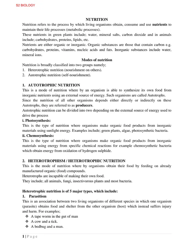 Cover of Nutrition: Senior 2 Biology Notes (S2 Biology Notes)