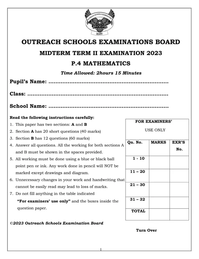 Cover of P.4 Mathematics Mid-Term II Examination 2023 – Outreach Schools Examinations Board (P4 Mathematics Past Paper)