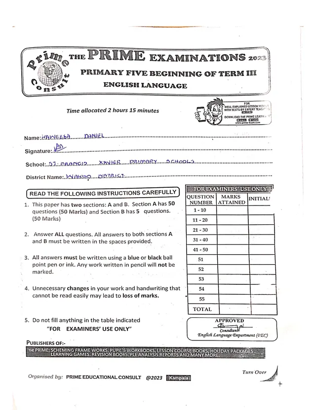 Cover of Primary 5 English Beginning of Term 3 Examination, 2023 (P5 English Past Paper)