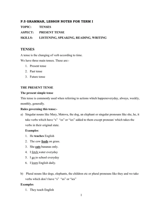 Cover of P.5 Grammar Lesson Notes for Term I: Tenses (P5 English Notes)