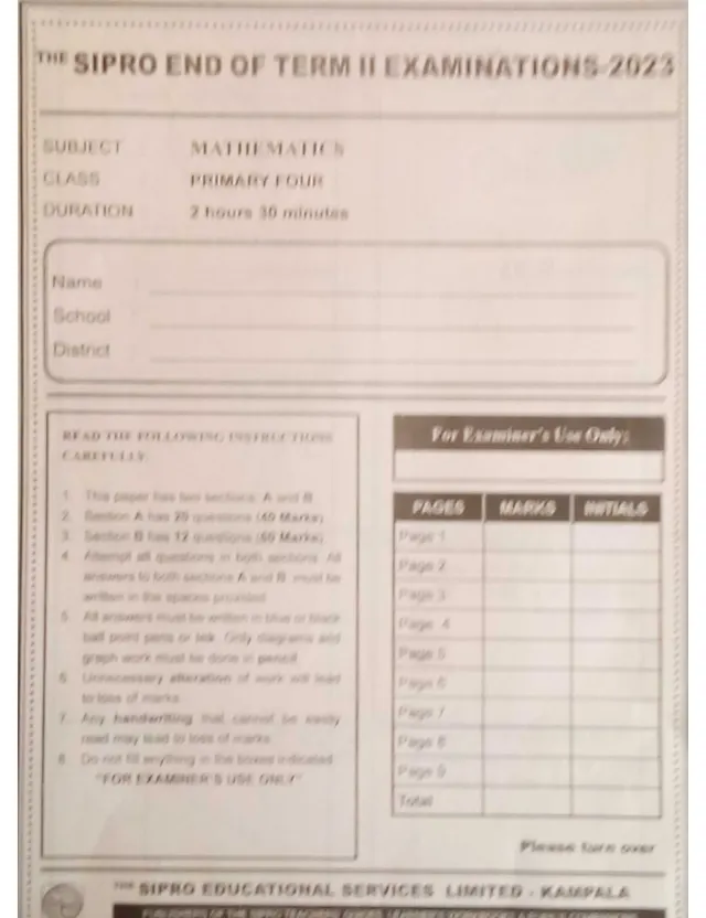 Cover of P4 Mathematics End of Term II Examination 2023 – Sipro (P4 Mathematics Past Paper)