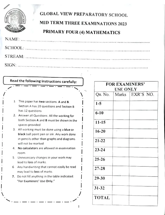 Cover of P4 Mathematics Mid Term Three Examination 2023 – Global View Preparatory School (P4 Mathematics Past Paper)