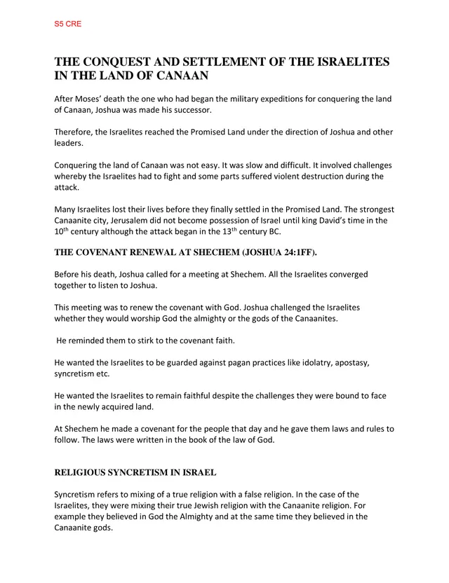 Cover of The Conquest and Settlement of the Israelites in the Land of Canaan – Notes (Religious Education Notes)
