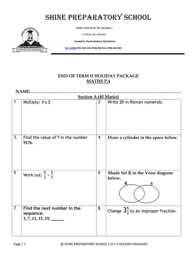 Cover of P4 Mathematics End of Term II Holiday Package (P4 Mathematics Past Paper)