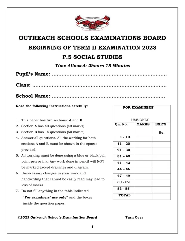 Cover of P.5 Social Studies Beginning of Term II Examination 2023 (P5 Social Studies Past Paper)