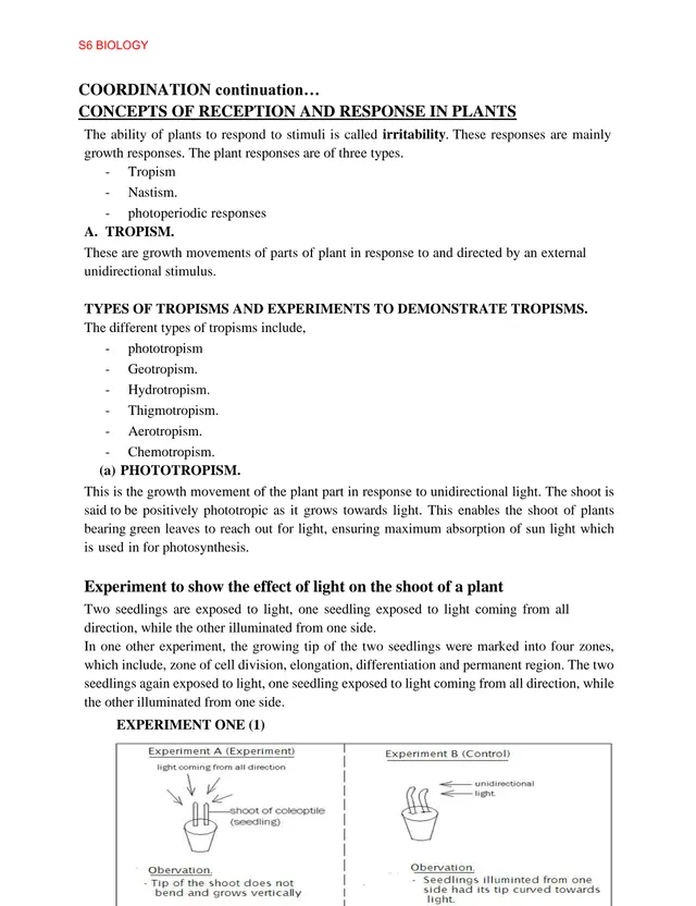 Cover of Reception and Response in Plants – S6 Biology Notes (S6 Biology Notes)