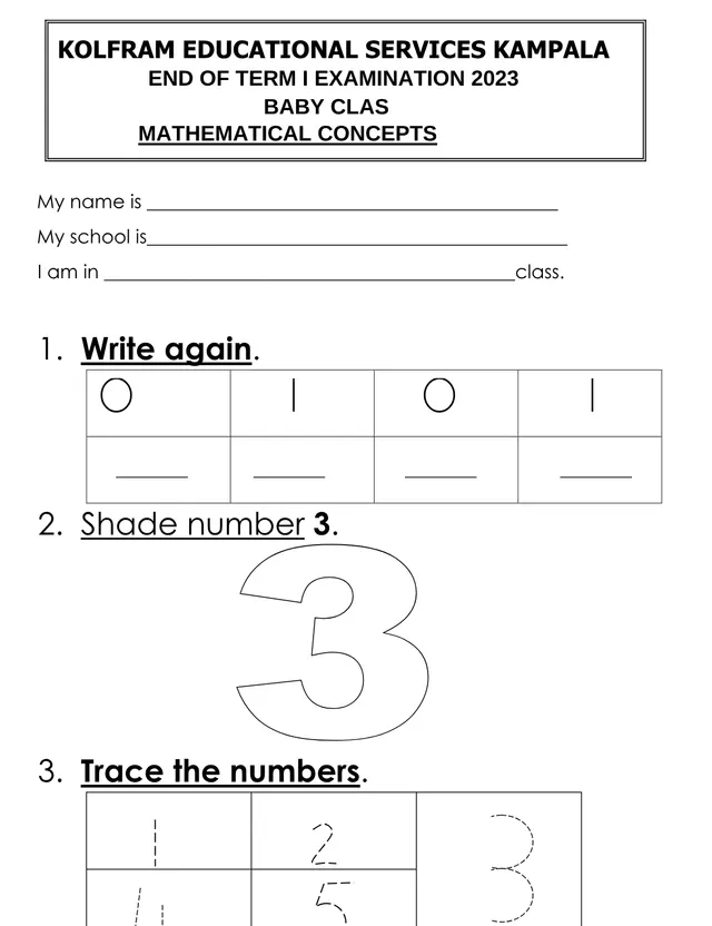 Cover of Baby Class Mathematical Concepts End of Term I Examination 2023 (Baby Mathematics Past Paper)