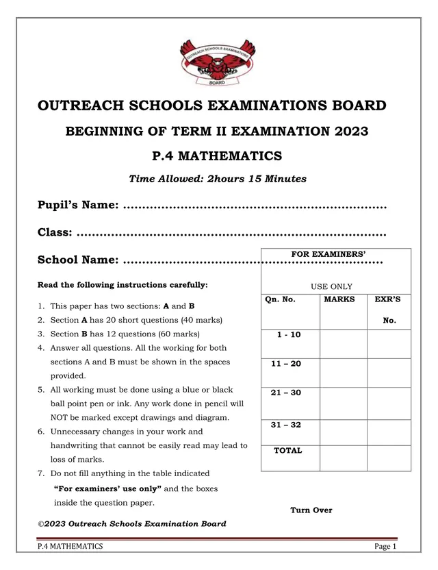 Cover of P.4 Mathematics Beginning of Term II Examination 2023 – Outreach Schools (P4 Mathematics Past Paper)