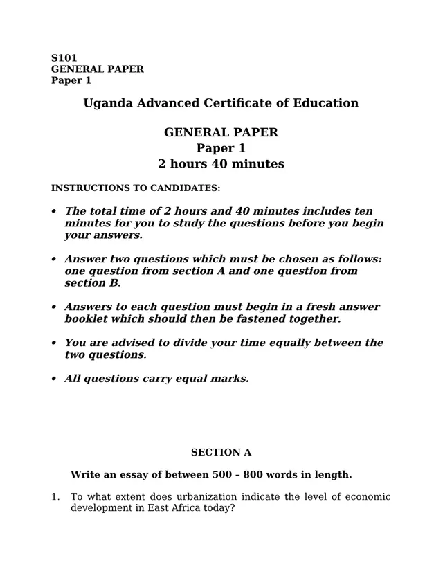 Cover of UACE General Paper, Paper 1 (S101): Essay, Data Interpretation and Comprehension (S6 Economics Past Paper)