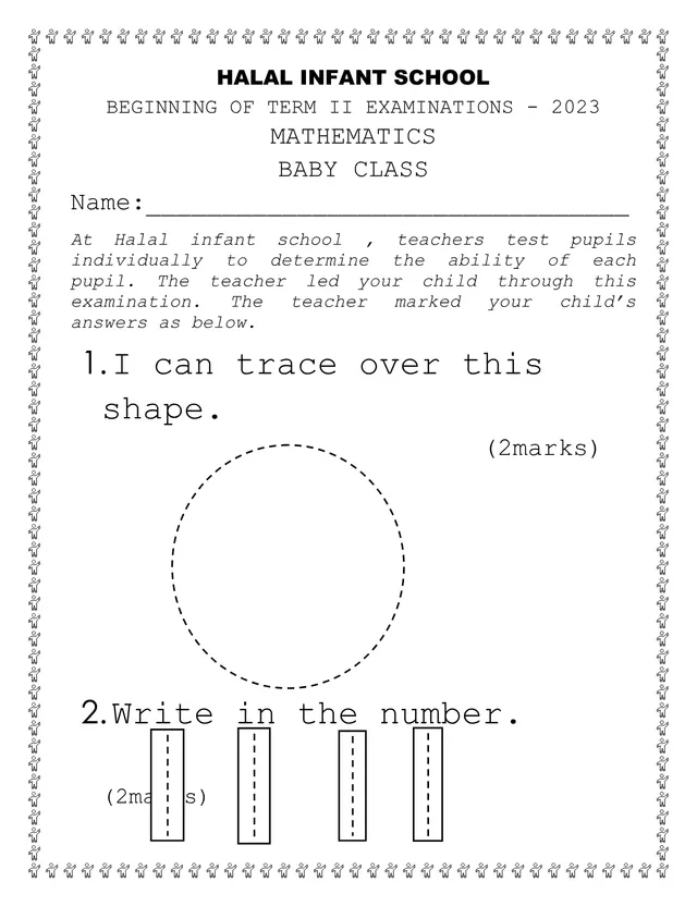 Cover of Baby Class Mathematics Beginning of Term II Examination 2023 – Halal Infant School (Baby Mathematics Past Paper)