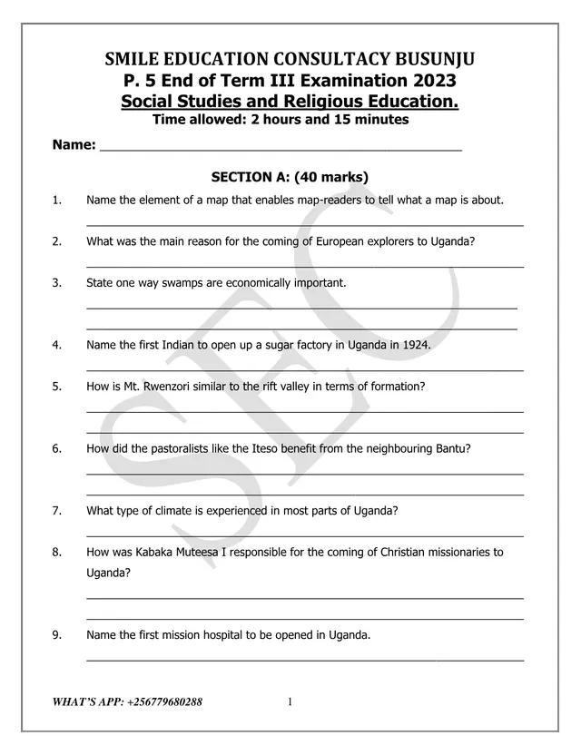 Cover of P.5 Social Studies and Religious Education End of Term III Exam 2023 – Smile Education (P5 Social Studies Past Paper)