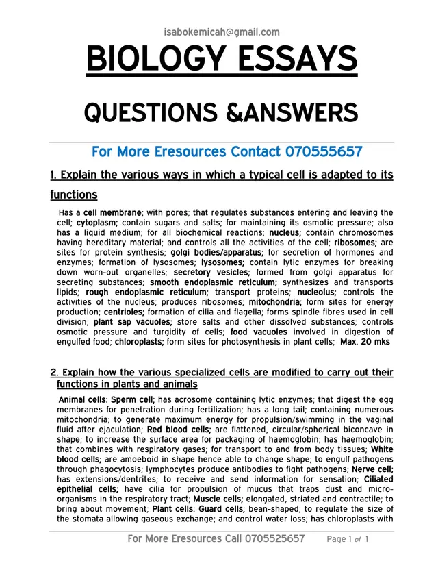 Cover of Biology Essay Questions and Answers (Biology Question Bank)
