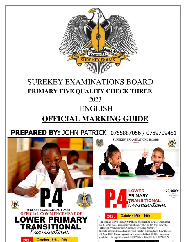Cover of P.5 English Quality Check 3 Marking Guide 2023 – Surekey Examinations Board (P5 English Past Paper)