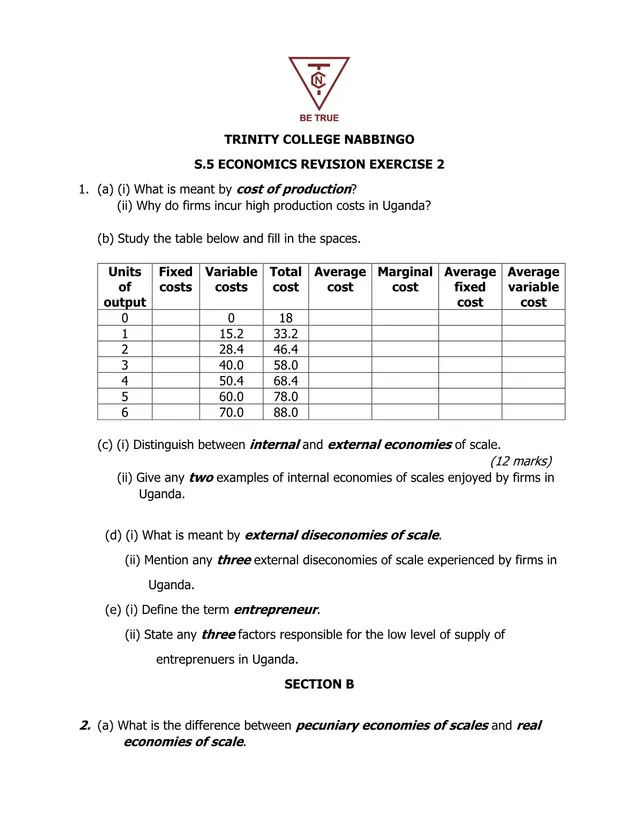 Cover of S5 Economics Revision Exercise 2: Production Costs and Economies of Scale (S5 Economics Worksheet)