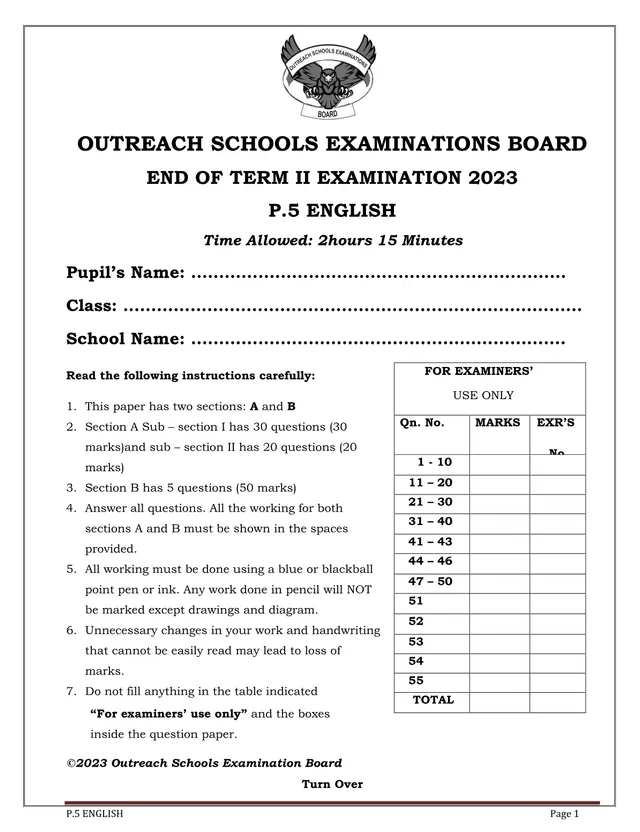 Cover of P.5 English End of Term II Examination 2023 – Outreach Schools Examinations Board (P5 English Past Paper)