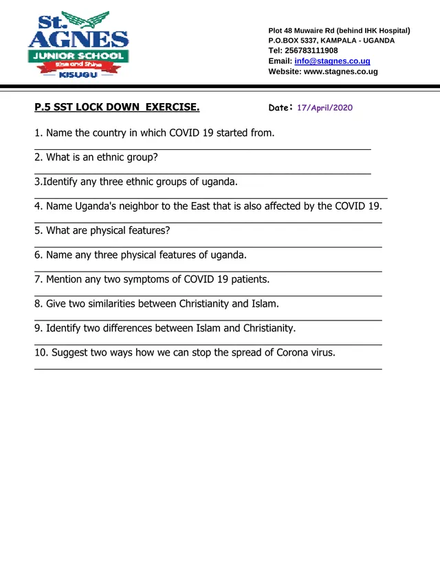 Cover of P.5 Social Studies Lockdown Exercise (April 2020) (P5 Social Studies Past Paper)