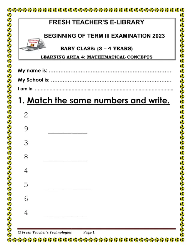Cover of Baby Class Mathematical Concepts Beginning of Term III Exam 2023 (Learning Area 4) (Baby Mathematics Past Paper)