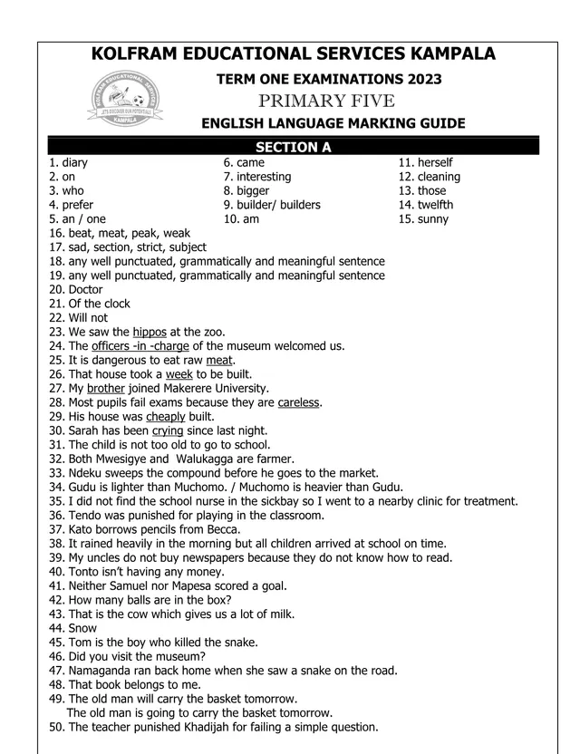 Cover of Primary 5 English Term One Examination Marking Guide 2023 – Kolfram (P5 English Past Paper)