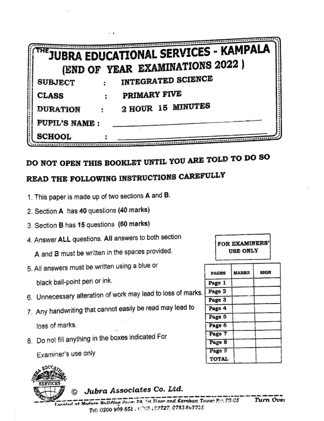 Cover of Jubra Primary Five Integrated Science End of Year Examination 2022 (P5 Science Past Paper)