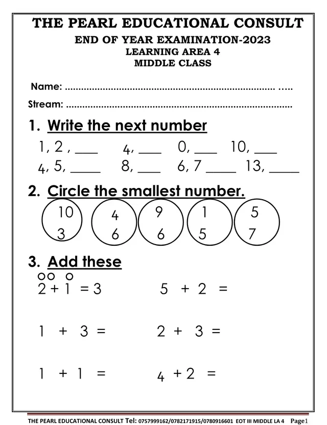 Cover of Middle Class Learning Area 4 (Number Work) End of Year Exam 2023, Term 3 (Middle Mathematics Past Paper)