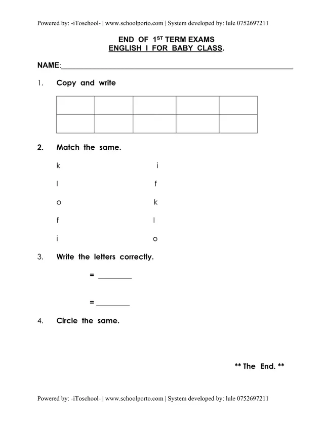 Cover of Baby Class English I End of Term 1 Exam (Baby English Past Paper)
