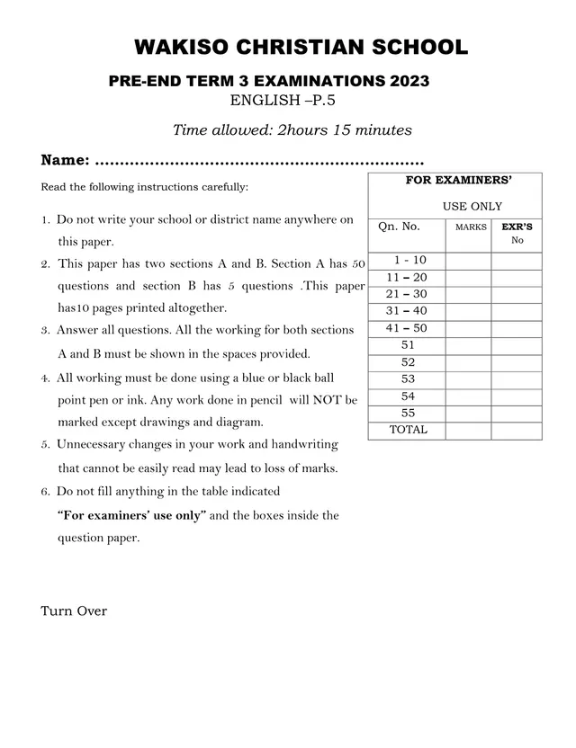 Cover of P.5 English Pre-End of Term 3 Examination 2023 – Wakiso Christian School (P5 English Past Paper)