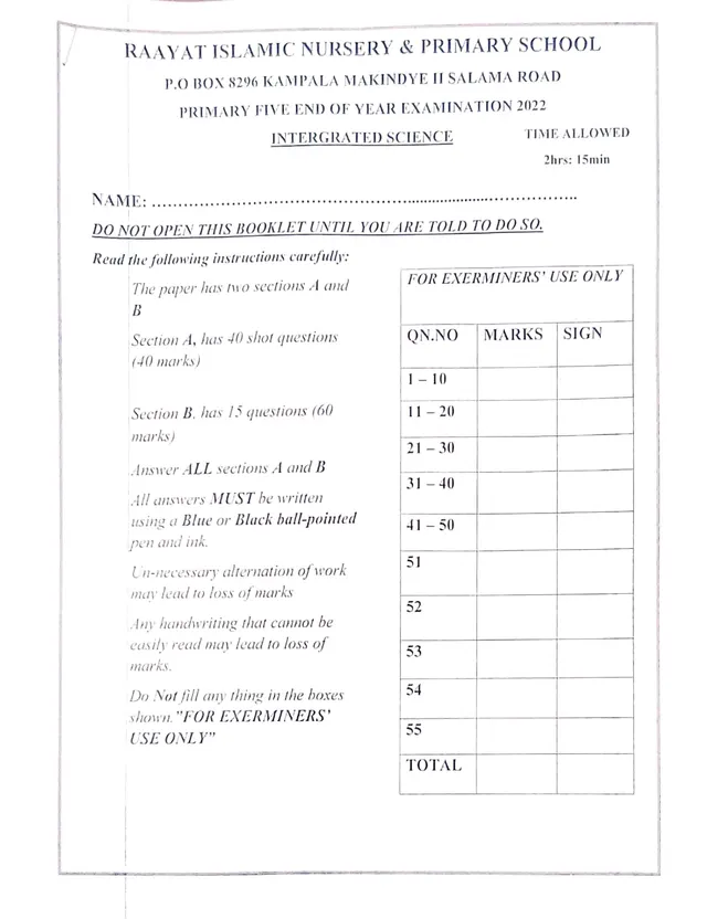 Cover of Primary Five Integrated Science End of Year Examination 2022 (P5 Science Past Paper)