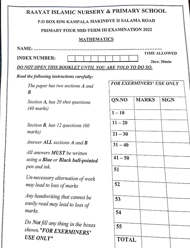 Cover of Primary Four Mathematics Mid-Term III Examination 2022 (P4 Mathematics Past Paper)
