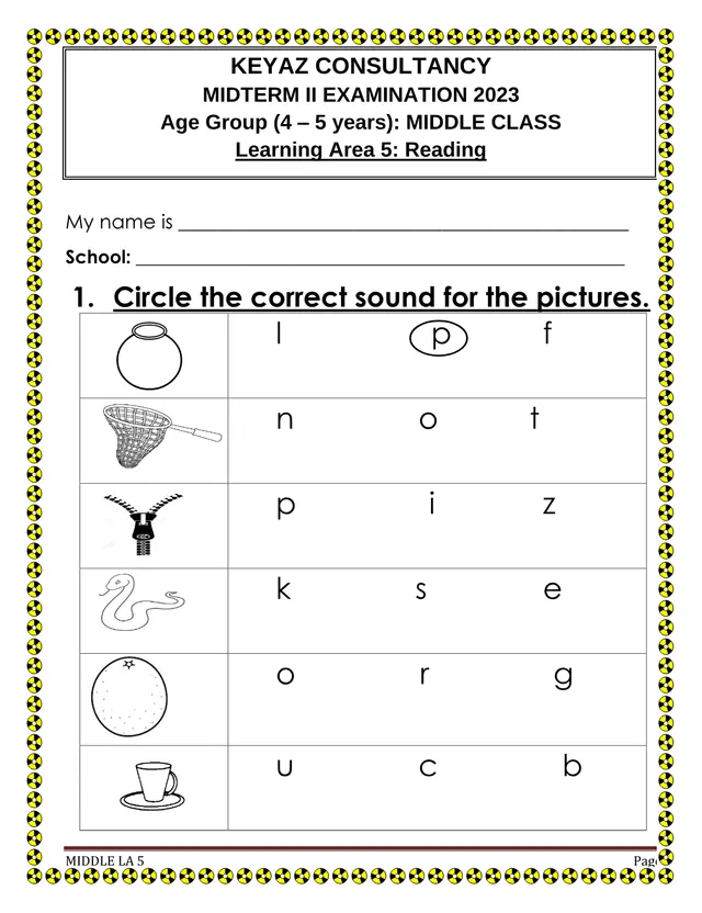 Cover of Middle Class Reading (Learning Area 5) Mid-Term II Examination 2023 (Middle Literacy Past Paper)