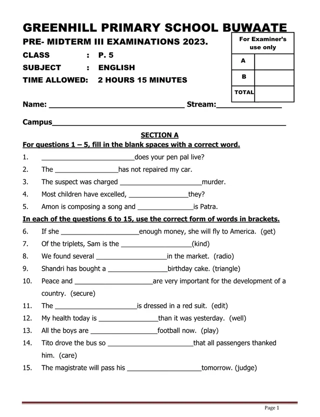 Cover of P5 English Pre-Midterm III Examination 2023 – Greenhill Primary School Buwaate (P5 English Past Paper)