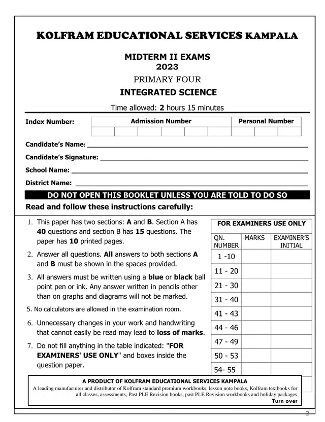 Cover of KESK P4 Integrated Science Midterm II Examination 2023 with Marking Guide (P4 Science Past Paper)