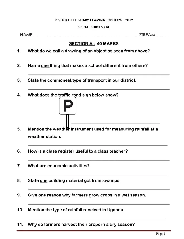 Cover of P.5 Social Studies with RE End of February Exam, Term I 2019 (P5 Social Studies Past Paper)