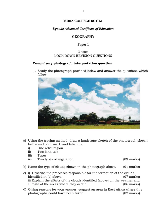 Cover of Kiira College Butiki UACE Geography Paper 1 Lockdown Revision Questions (Geography Revision Test)